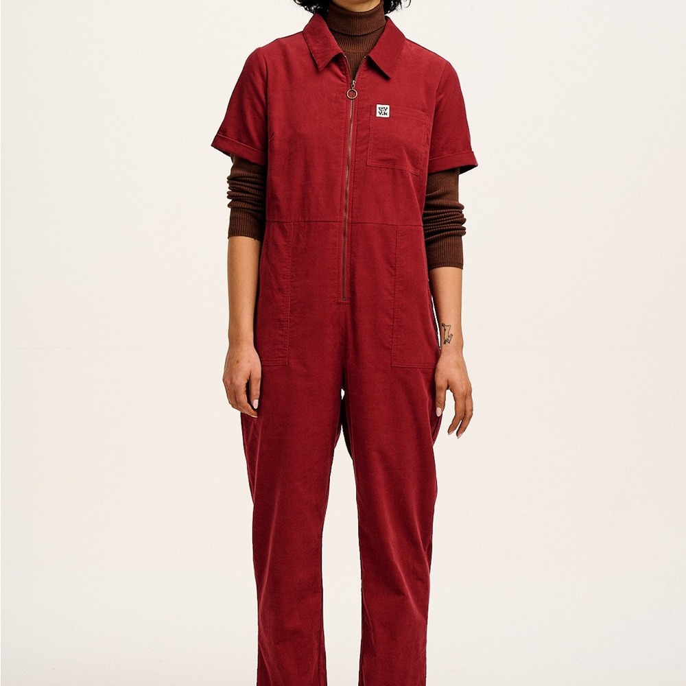 Rex - Short Sleeve Corduroy Jumpsuit in Dahlia Red